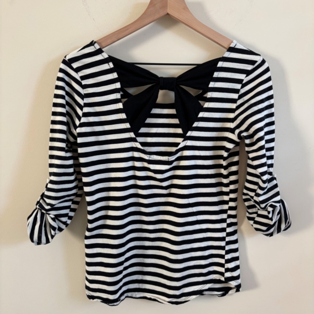 Monteau Los Angeles Striped Bow Back Top Black White 3/4 Sleeve Size L